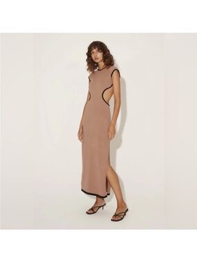 Sleeveless Tan Maxi Dress with Black Trim